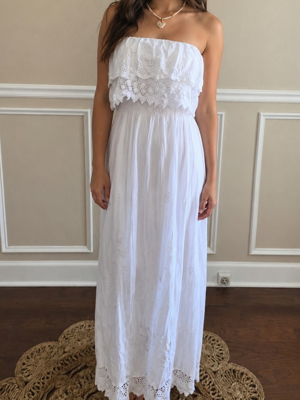Strapless White Eyelet Lace Maxi Dress